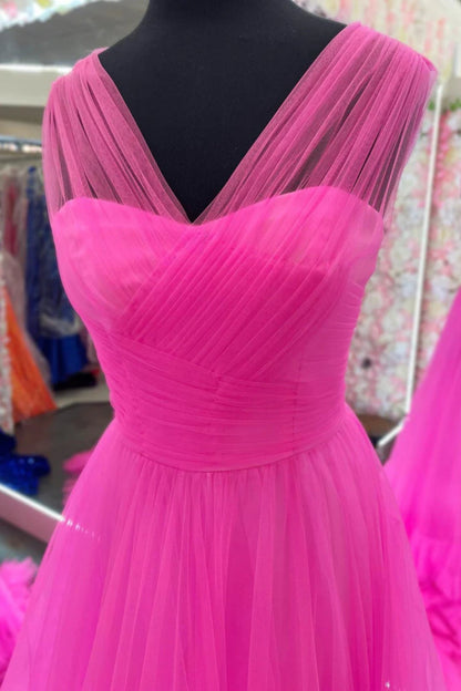 A Line V Neck Pink Tulle Long Prom Dress, V Neck Pink Formal Dress, Pink Evening Dress A2009