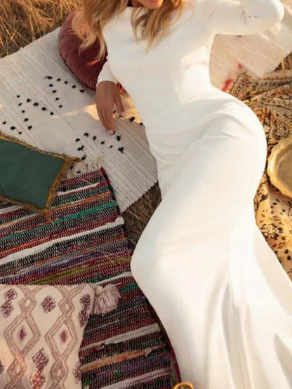 Mermaid / Trumpet Wedding Dresses Off Shoulder Court Train Chiffon Over Satin Long Sleeve Country Plus Size with Buttons - RongMoon