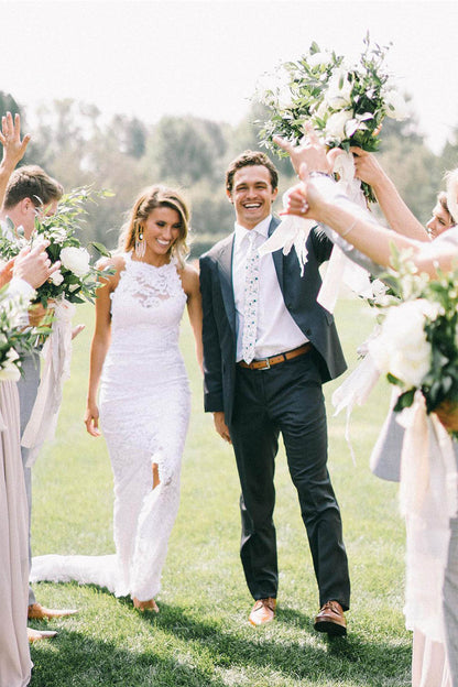 High Neck Sheath/Column Backless Lace Boho Wedding Dress with Long Train