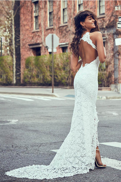 High Neck Sheath/Column Backless Lace Boho Wedding Dress with Long Train