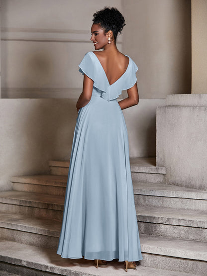 V neck Chiffon Dresses with Cap Sleeves Dusty Blue