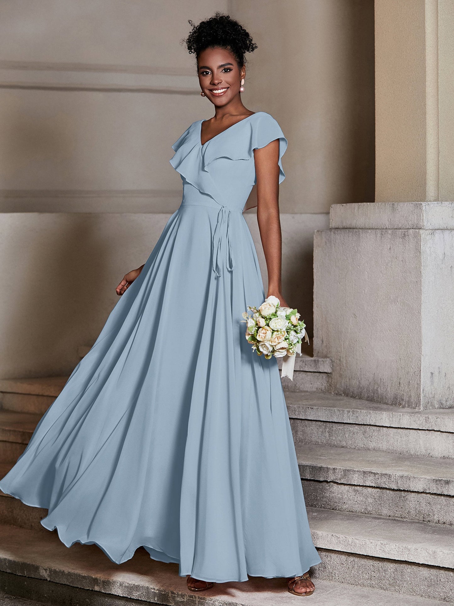 V neck Chiffon Dresses with Cap Sleeves Dusty Blue