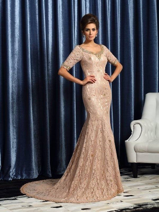 Trumpet/Mermaid V-neck Lace 1/2 Sleeves Long Elastic Woven Satin Mother of the Bride Dresses - RongMoon