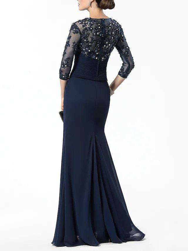Two Piece Mermaid / Trumpet Sparkle Elegant Wedding Guest Formal Evening Dress Illusion Neck Half Sleeve Floor Length Chiffon with Crystals Appliques - RongMoon
