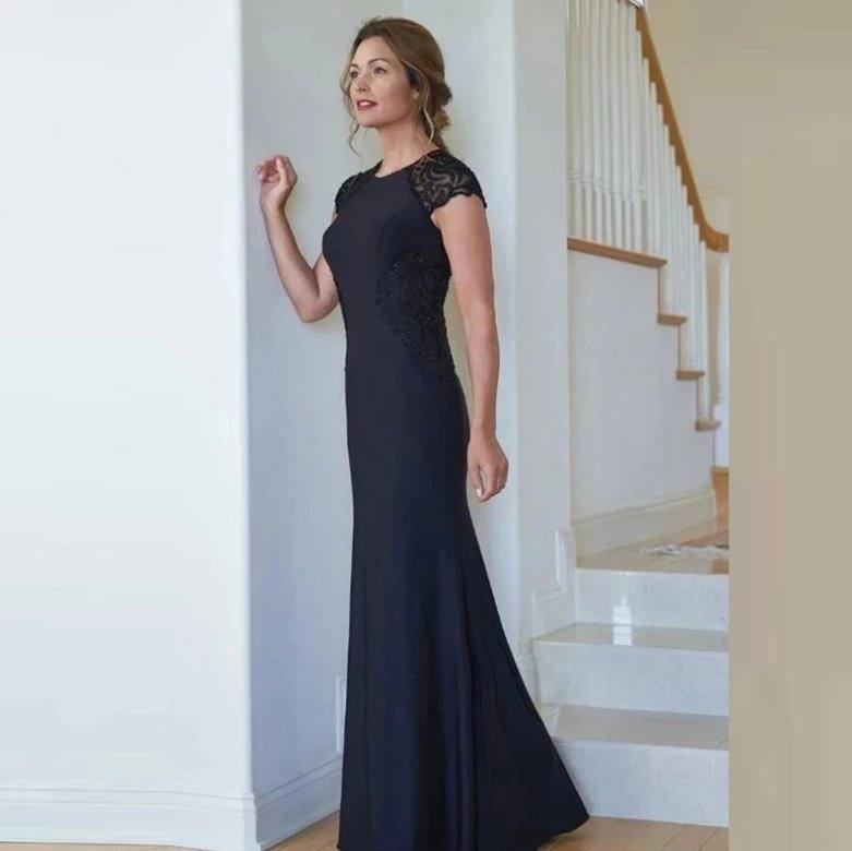 Blue Mother Of The Bride Dresses Mermaid Cap Sleeves Chiffon Beaded Plus Size Long Groom Mother Dresses Wedding - RongMoon