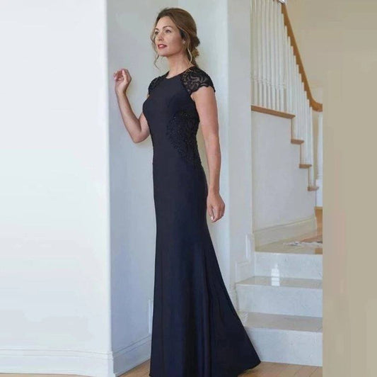 Blue Mother Of The Bride Dresses Mermaid Cap Sleeves Chiffon Beaded Plus Size Long Groom Mother Dresses Wedding - RongMoon