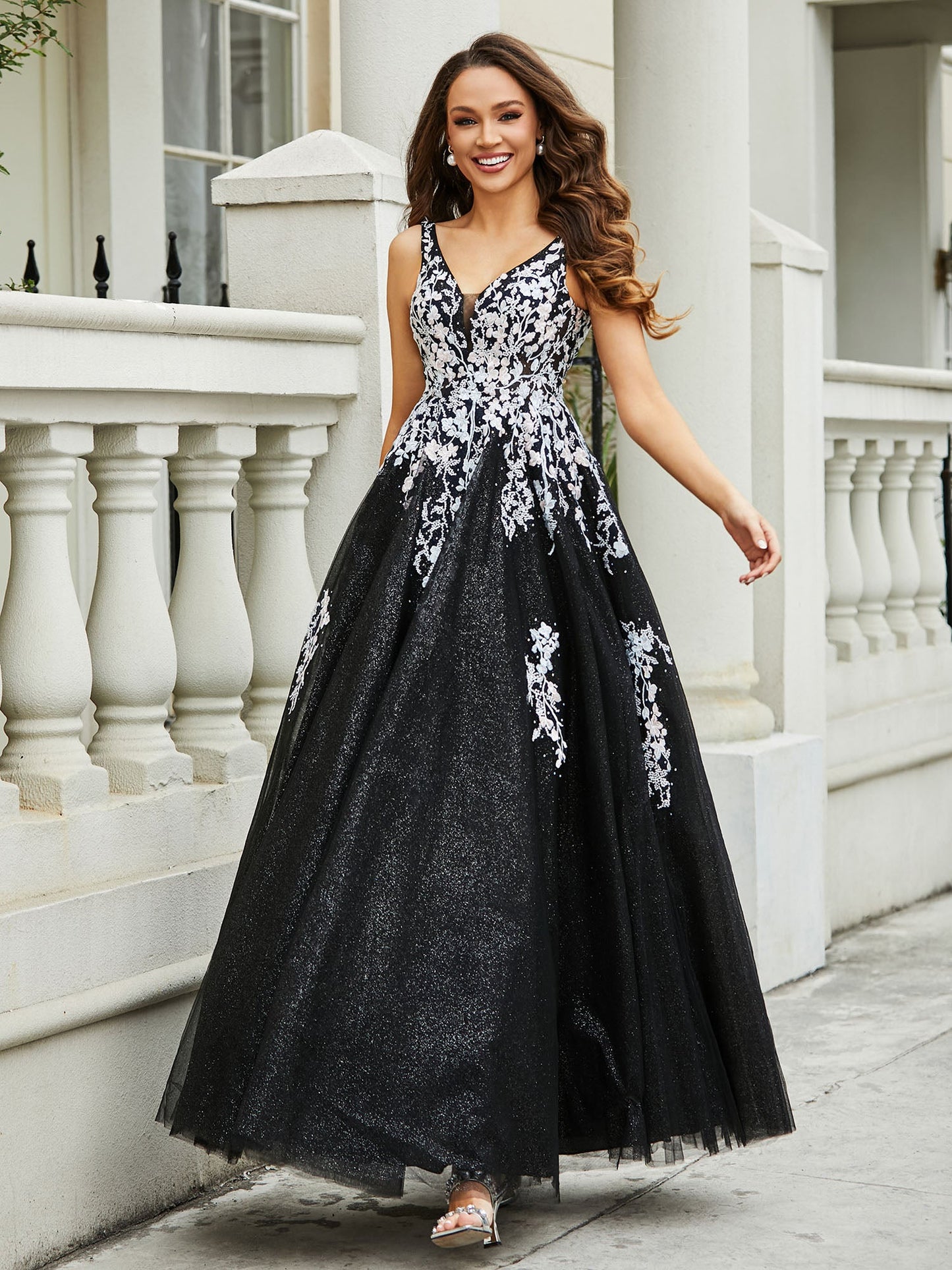 Plunging V-Neck Open Back Tulle Gown Black