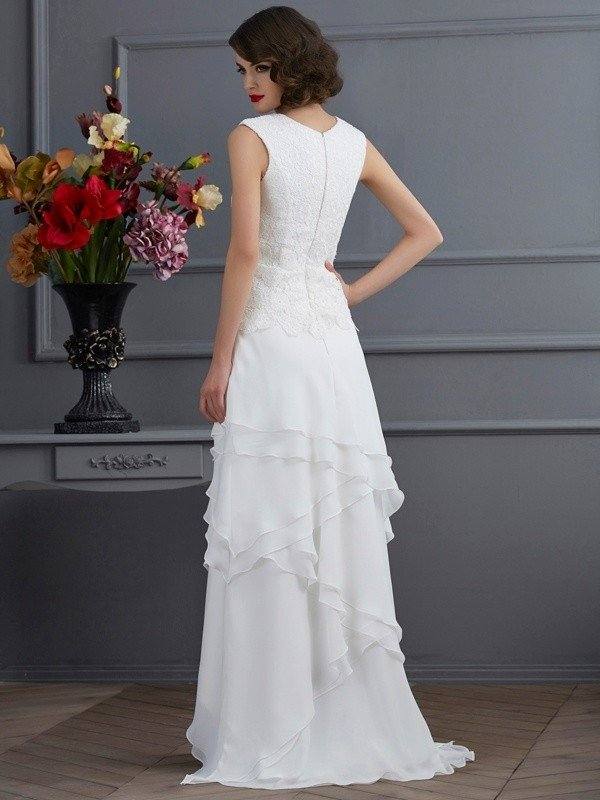 Sheath/Column Bateau Sleeveless Lace High Low Chiffon Mother of the Bride Dresses - RongMoon