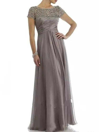 A-Line Mother of the Bride Dress Elegant Bateau Neck Floor Length Chiffon Short Sleeve with Pleats Beading Ruffles - RongMoon