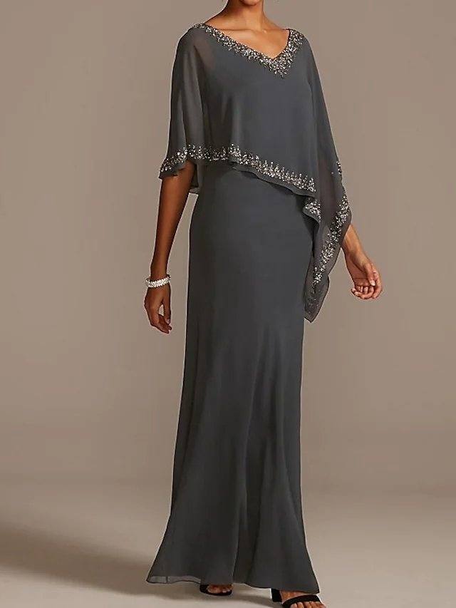 Sheath / Column Mother of the Bride Dress Elegant V Neck Floor Length Chiffon Half Sleeve with Beading - RongMoon