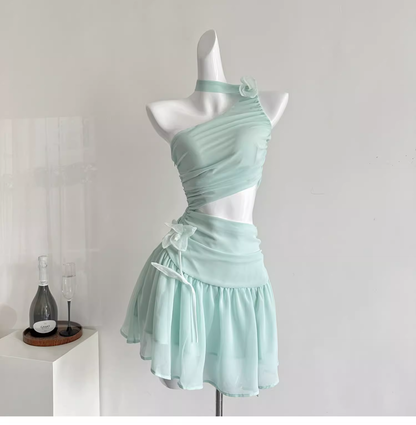 Sexy Green One Shoulder A Line Vacation Dress Mini Party Gown cc3062