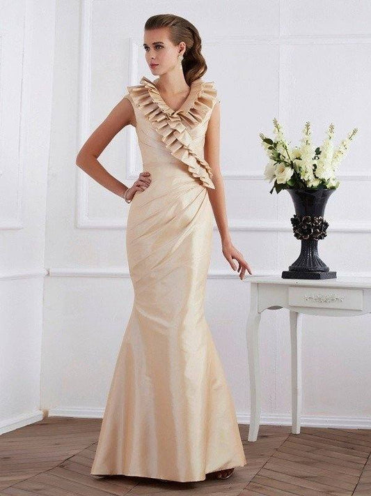 Sheath/Column V-neck Short Sleeves Ruffles Long Taffeta Mother of the Bride Dresses - RongMoon