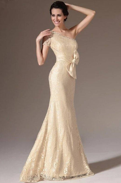 One-shoulder Evening Dresses Mermaid Lace Beaded Bow Long Formal Party Evening Gown Prom Dresses Robe De Soiree - RongMoon