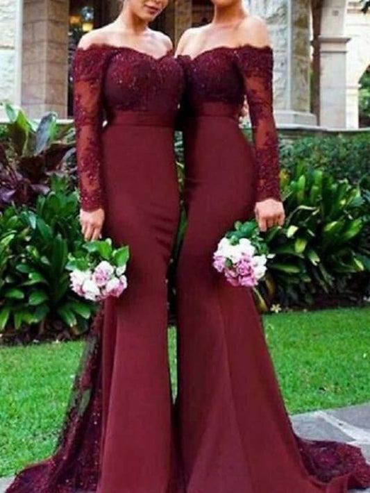 Mermaid / Trumpet Off Shoulder Sweep / Brush Train Chiffon / Lace Bridesmaid Dress with Lace - RongMoon