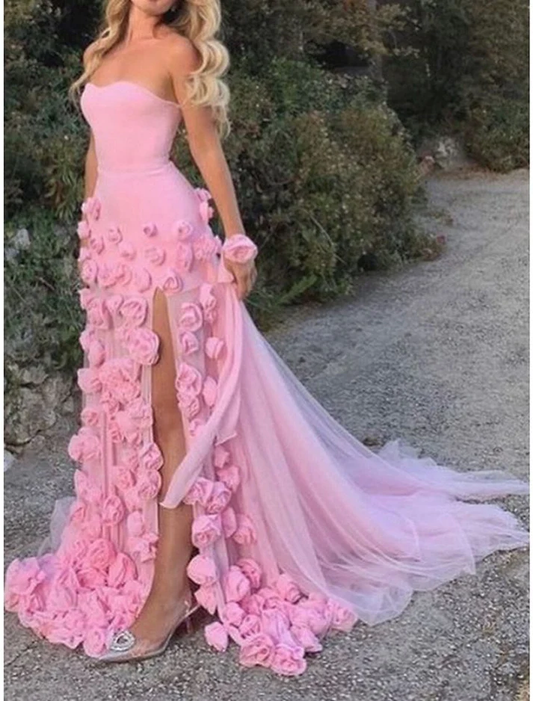 Beautiful Pink Strapless Tulle Rose Flowers Prom Dress Mermaid Slit Evening Dress Wedding Dress cc2084