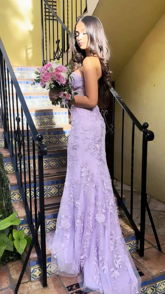 Lilac Strapless Tulle Lace Appliques Prom Dress Mermaid Party Evening Gown cc2319