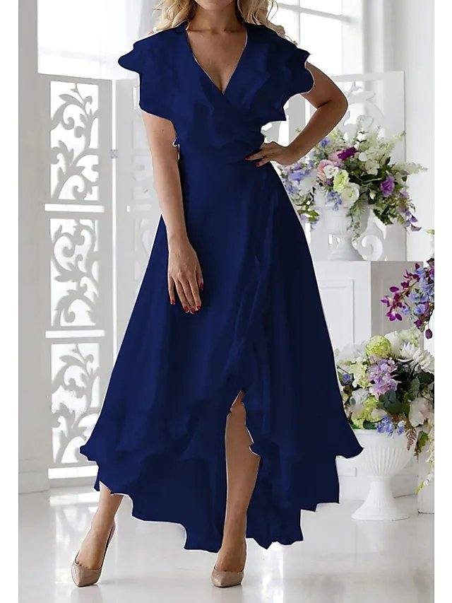 A-Line Mother of the Bride Dress Elegant V Neck Asymmetrical Chiffon Short Sleeve with Ruffles Split Front - RongMoon