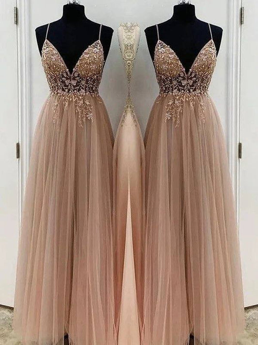 A-Line/Princess Beading Tulle Spaghetti Straps Sleeveless Floor-Length Dresses - RongMoon