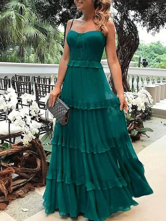 Sheath / Column Maxi Boho Holiday Prom Dress Spaghetti Strap Sleeveless Floor Length Chiffon with Ruffles Draping - RongMoon