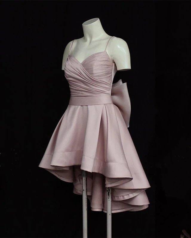 High Low Style Sweetheart Bow Back Satin Prom Homecoming Dresses - RongMoon
