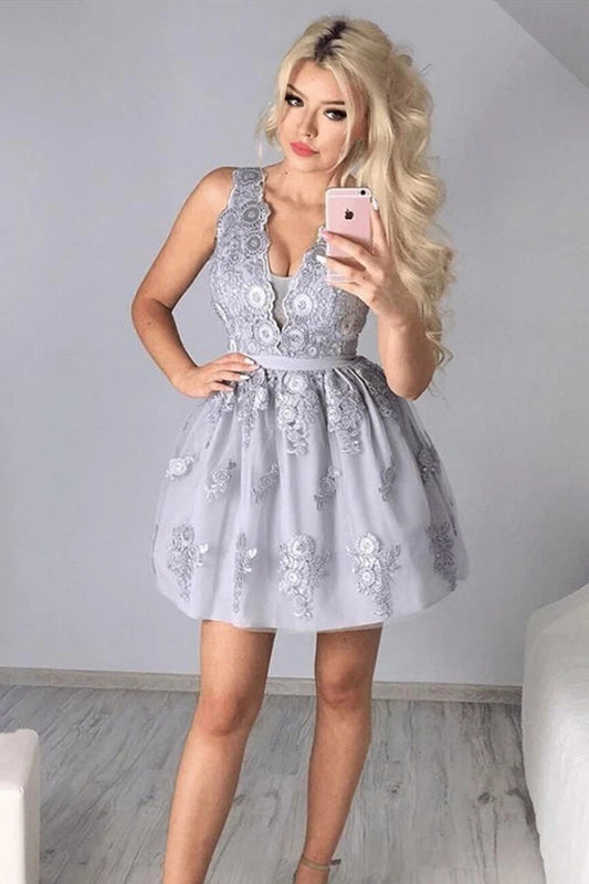 A Line V Neck Silver Gray Lace Appliques Short Prom Dress Homecoming Dress, Silver Gray Lace Formal Graduation Evening Dress