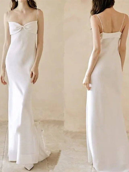 Sheath / Column Wedding Dresses Spaghetti Strap Strapless Floor Length Satin Sleeveless Simple Sexy with Bow(s) - RongMoon