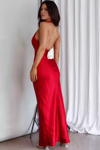 Absolutely stunning satin backless silhouette hanging neck style tight corset with zipper on the side Prom Dresses