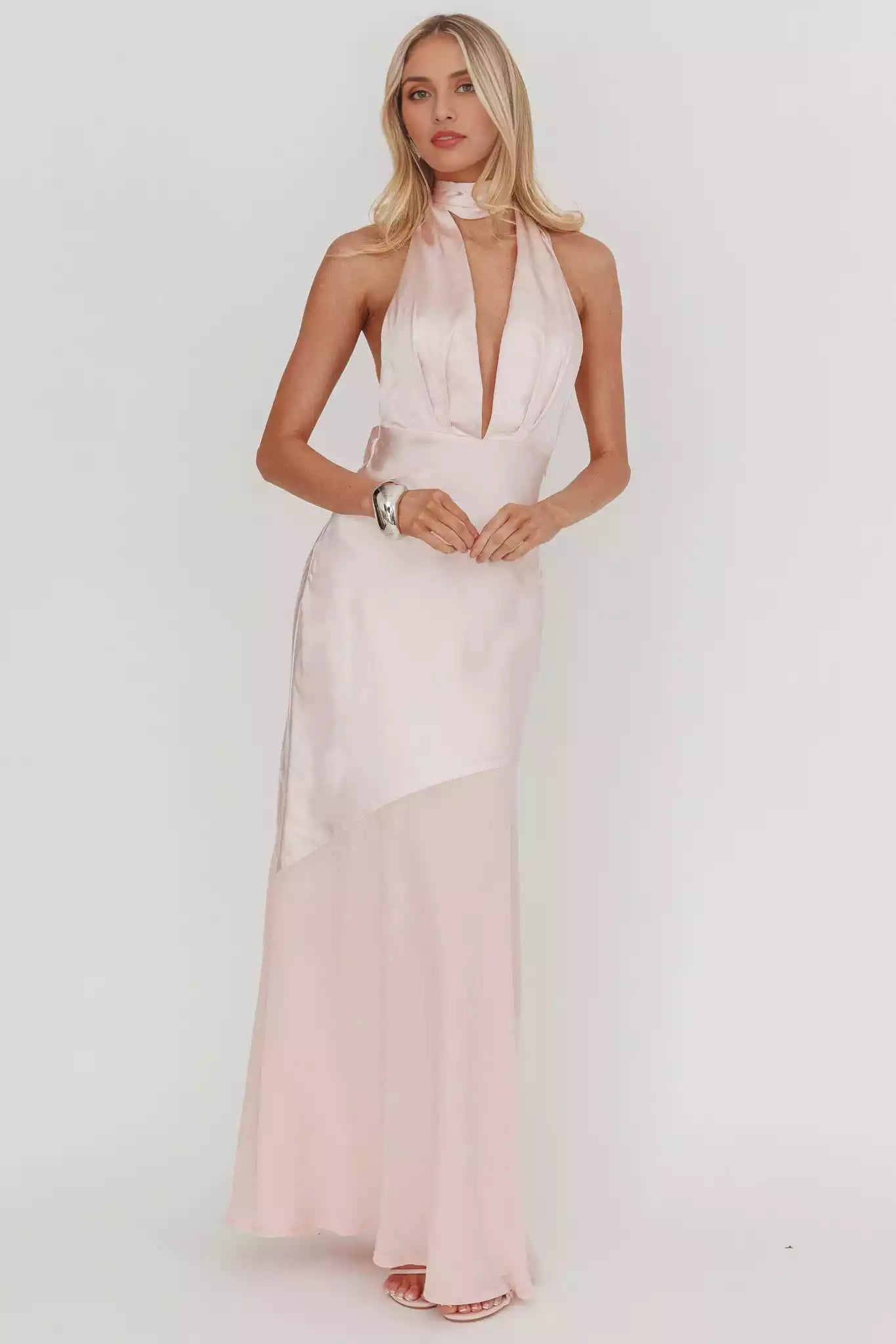 Absolutely stunning satin ultra long deep V-neck, backless, invisible side zipper Prom Dresses