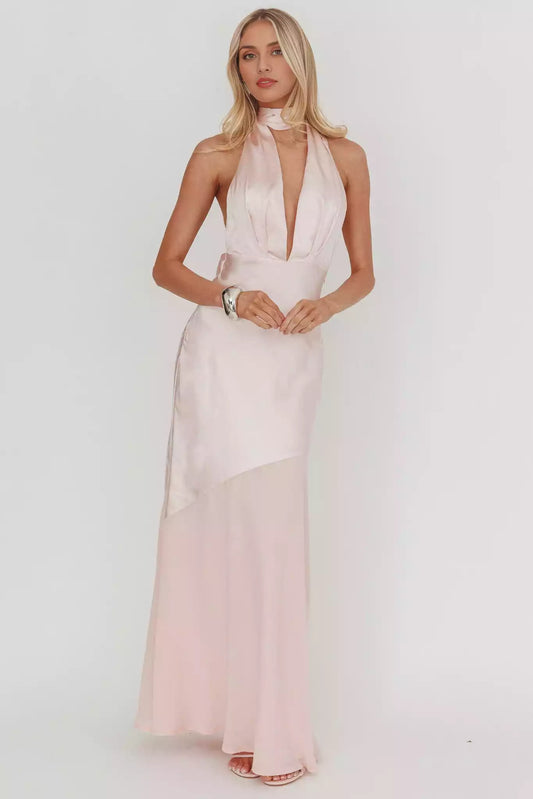 Absolutely stunning satin ultra long deep V-neck, backless, invisible side zipper Prom Dresses