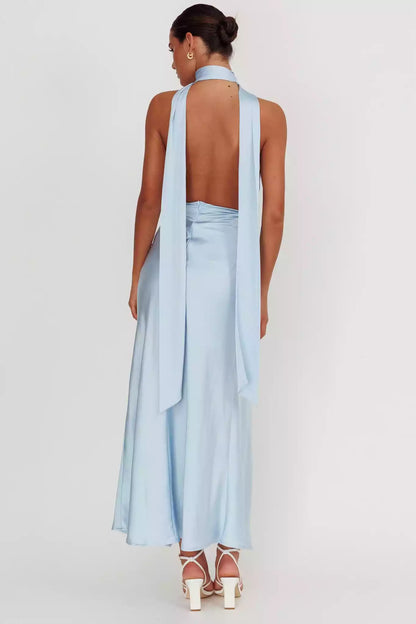 Absolutely stunning satin ultra long deep V-neck, backless rose knot, leg slits, invisible back zipper Prom Dresses