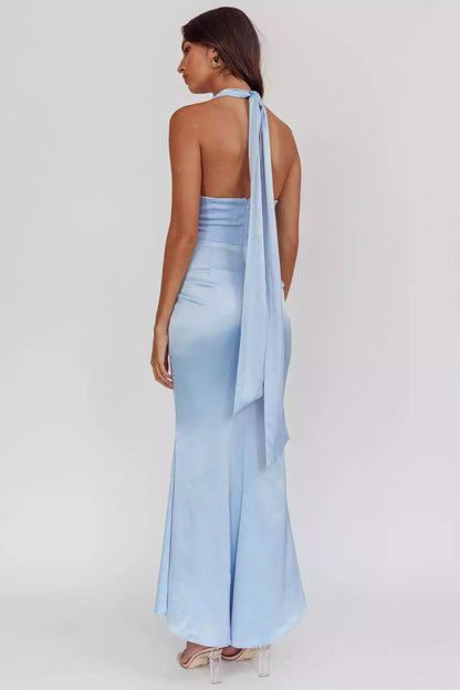 Absolutely stunning satin ultra long deep V-neck hanging neck long tie backless unlined invisible back zipper Prom Dresses