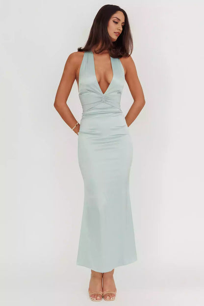 Absolutely stunning satin ultra long deep V-neck hanging neck long tie backless unlined invisible back zipper Prom Dresses