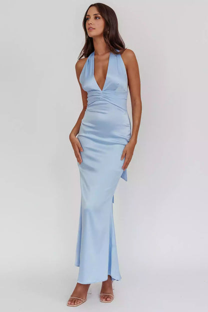 Absolutely stunning satin ultra long deep V-neck hanging neck long tie backless unlined invisible back zipper Prom Dresses