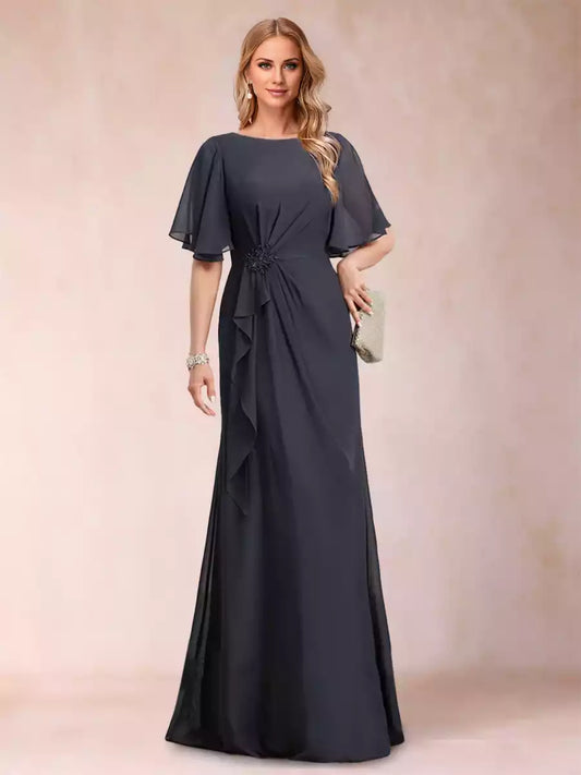 A charming A-line/princess style black chiffon with decals and ruffles Mother of the Bride Dresses