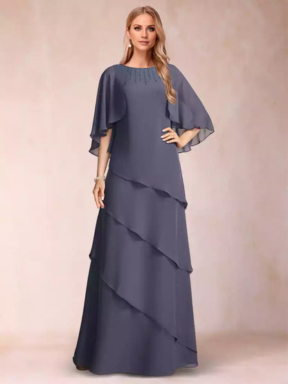 A charming A-line/princess style round neck half sleeved ruffled edges and beaded Mother of the Bride Dresses