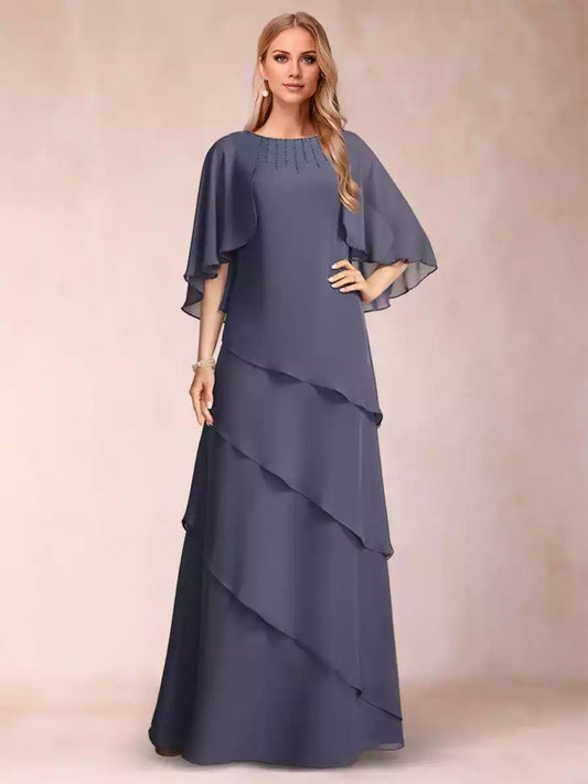 A charming A-line/princess style round neck half sleeved ruffled edges and beaded Mother of the Bride Dresses