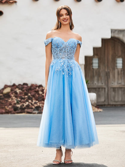 Off-the-shoulder A-line Sequins Dress with Beaded Blue