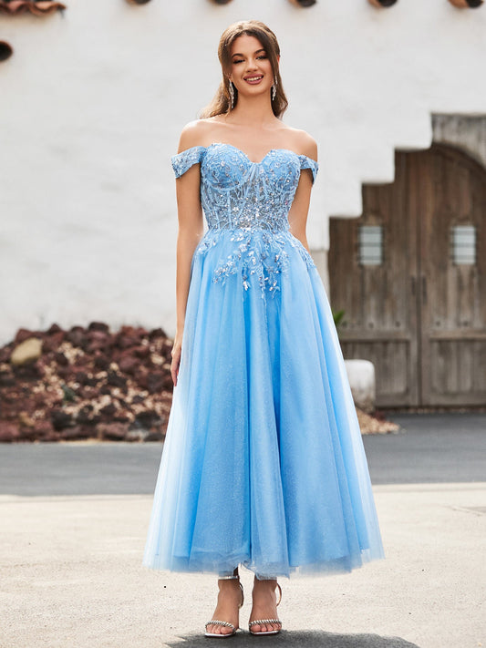 Off-the-shoulder A-line Sequins Dress with Beaded Blue