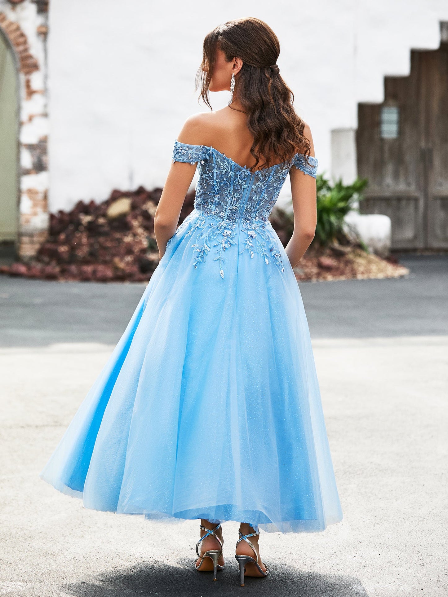 Off-the-shoulder A-line Sequins Dress with Beaded Blue