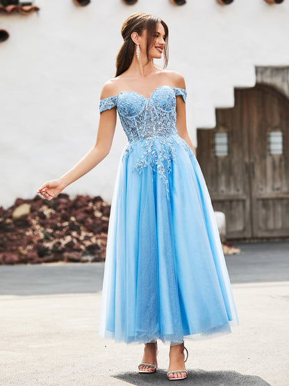 Off-the-shoulder A-line Sequins Dress with Beaded Blue
