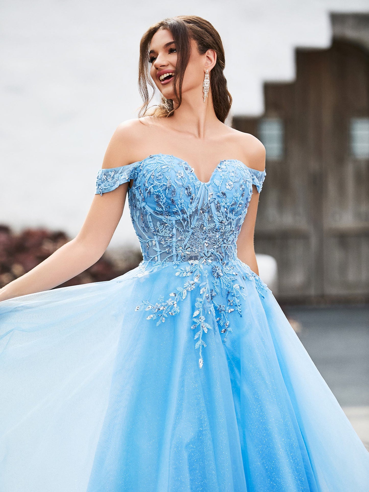 Off-the-shoulder A-line Sequins Dress with Beaded Blue