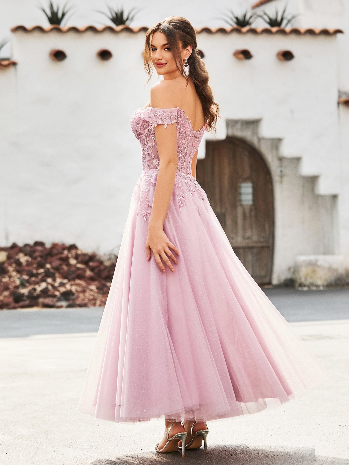 Off-the-shoulder A-line Sequins Dress with Beaded Dusty Rose