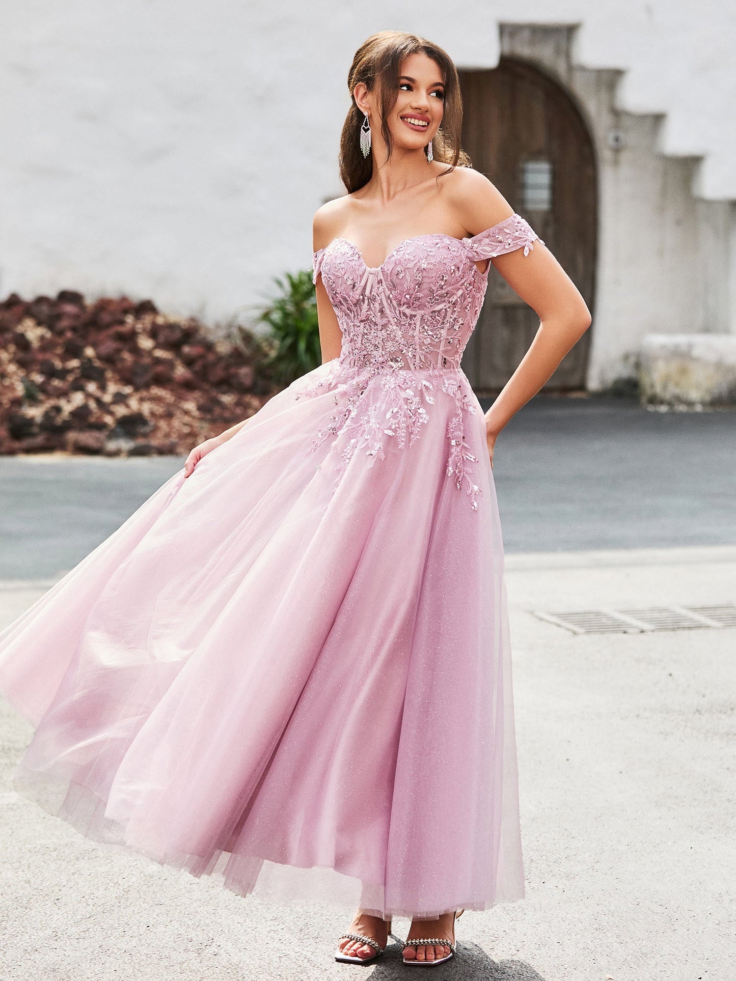 Off-the-shoulder A-line Sequins Dress with Beaded Dusty Rose