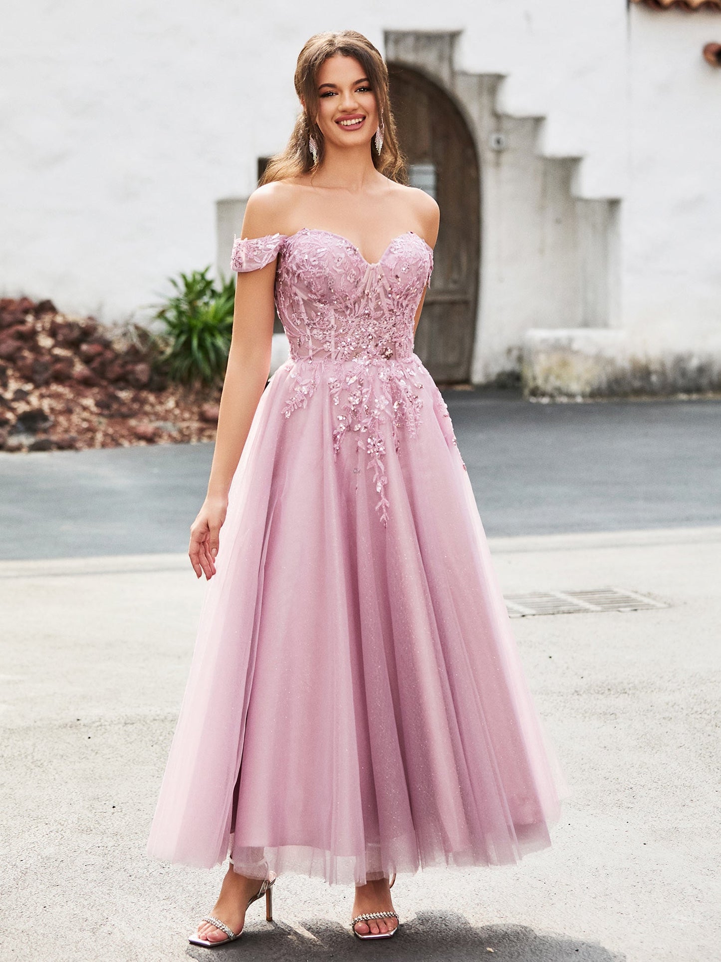 Off-the-shoulder A-line Sequins Dress with Beaded Dusty Rose