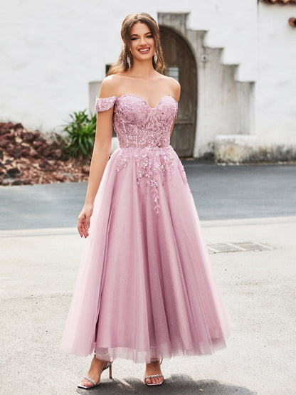Off-the-shoulder A-line Sequins Dress with Beaded Dusty Rose
