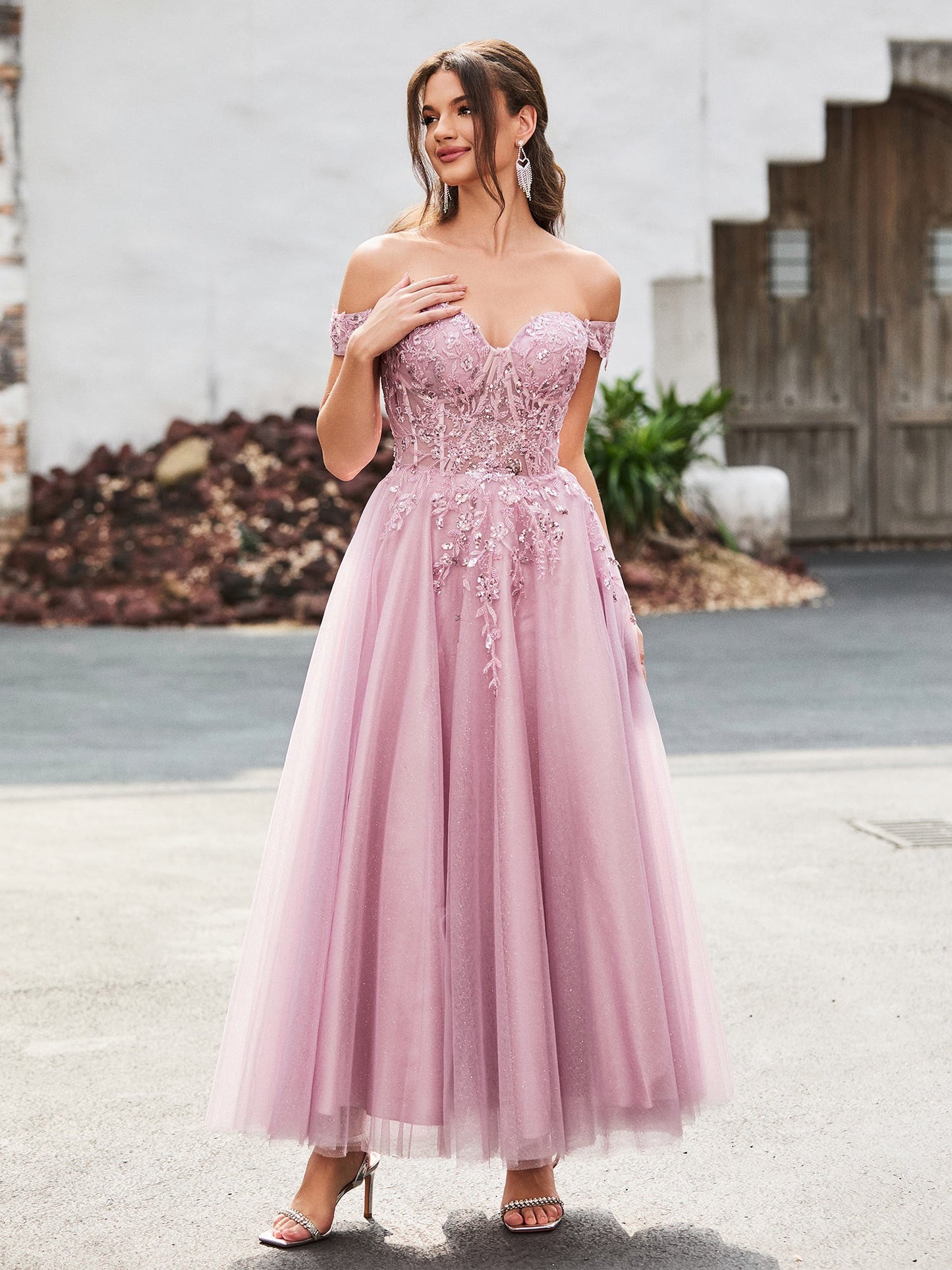 Off-the-shoulder A-line Sequins Dress with Beaded Dusty Rose