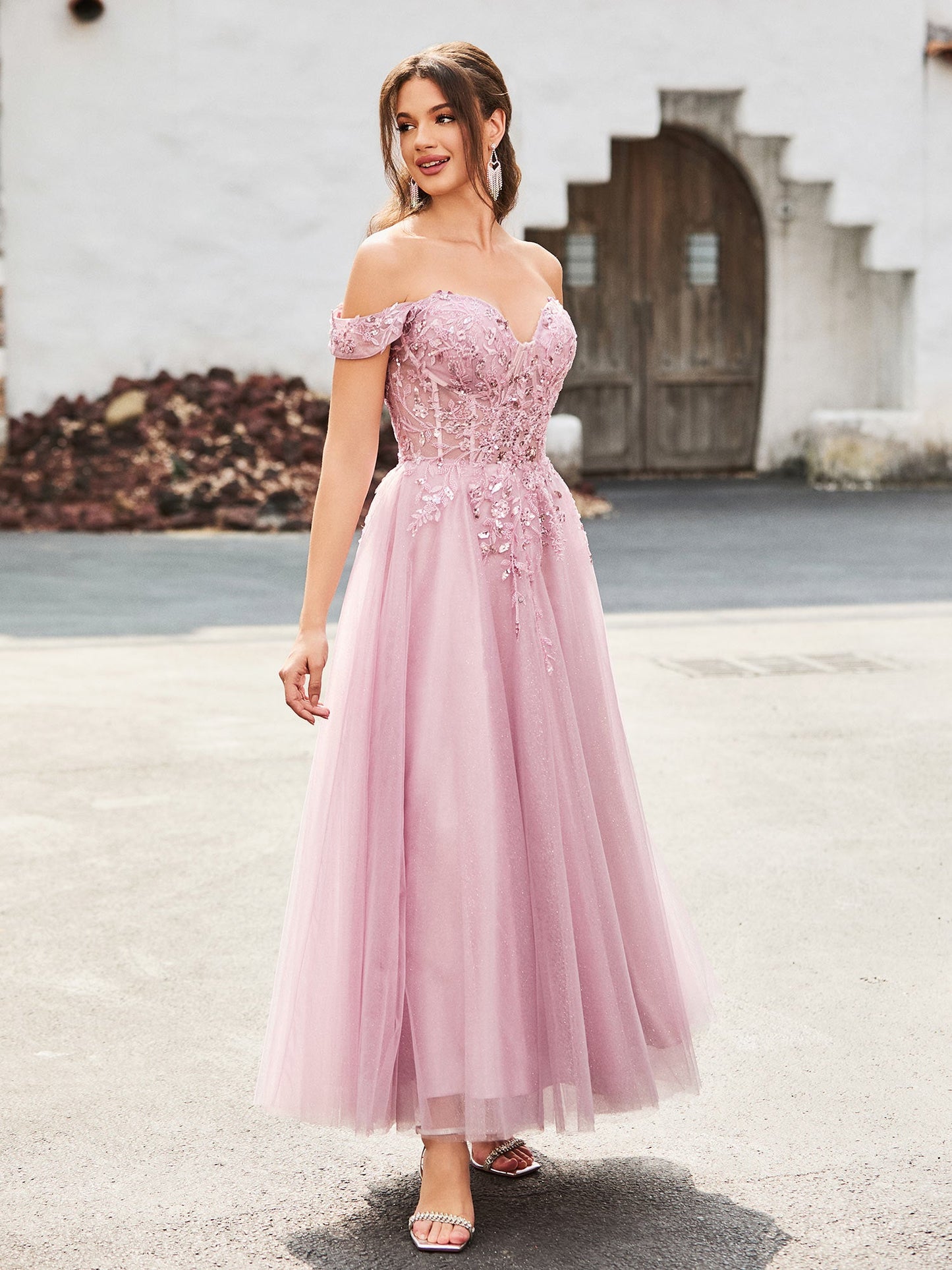 Off-the-shoulder A-line Sequins Dress with Beaded Dusty Rose