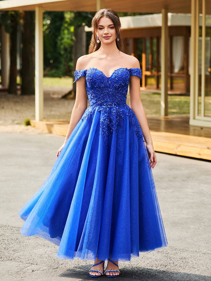 Off-the-shoulder A-line Sequins Dress with Beaded Royal Blue
