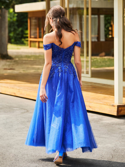 Off-the-shoulder A-line Sequins Dress with Beaded Royal Blue