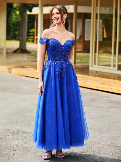 Off-the-shoulder A-line Sequins Dress with Beaded Royal Blue